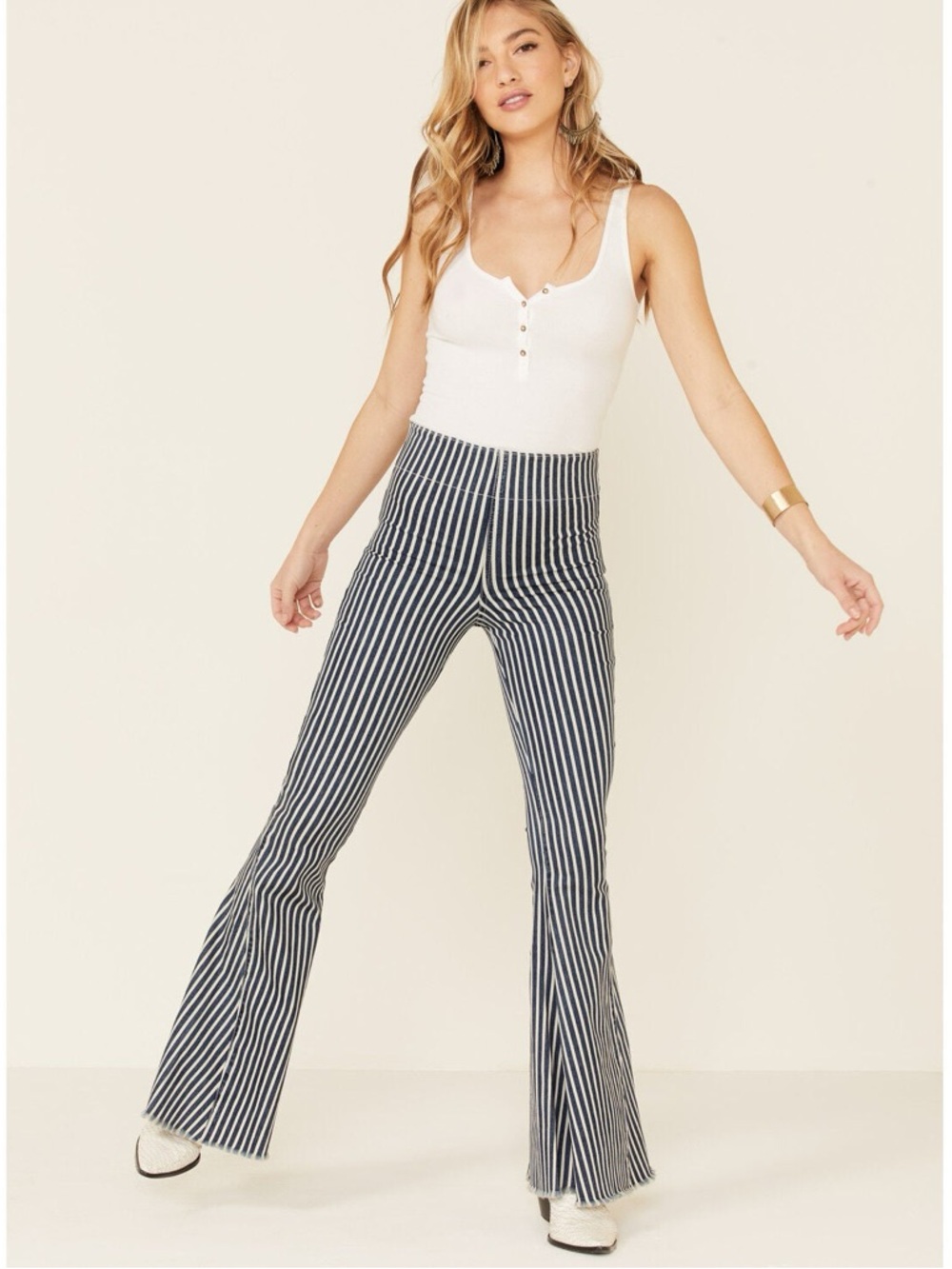 Show Me Your Mumu Striped Flare Pants Navy White‎ High Rise Bell Bottom Small